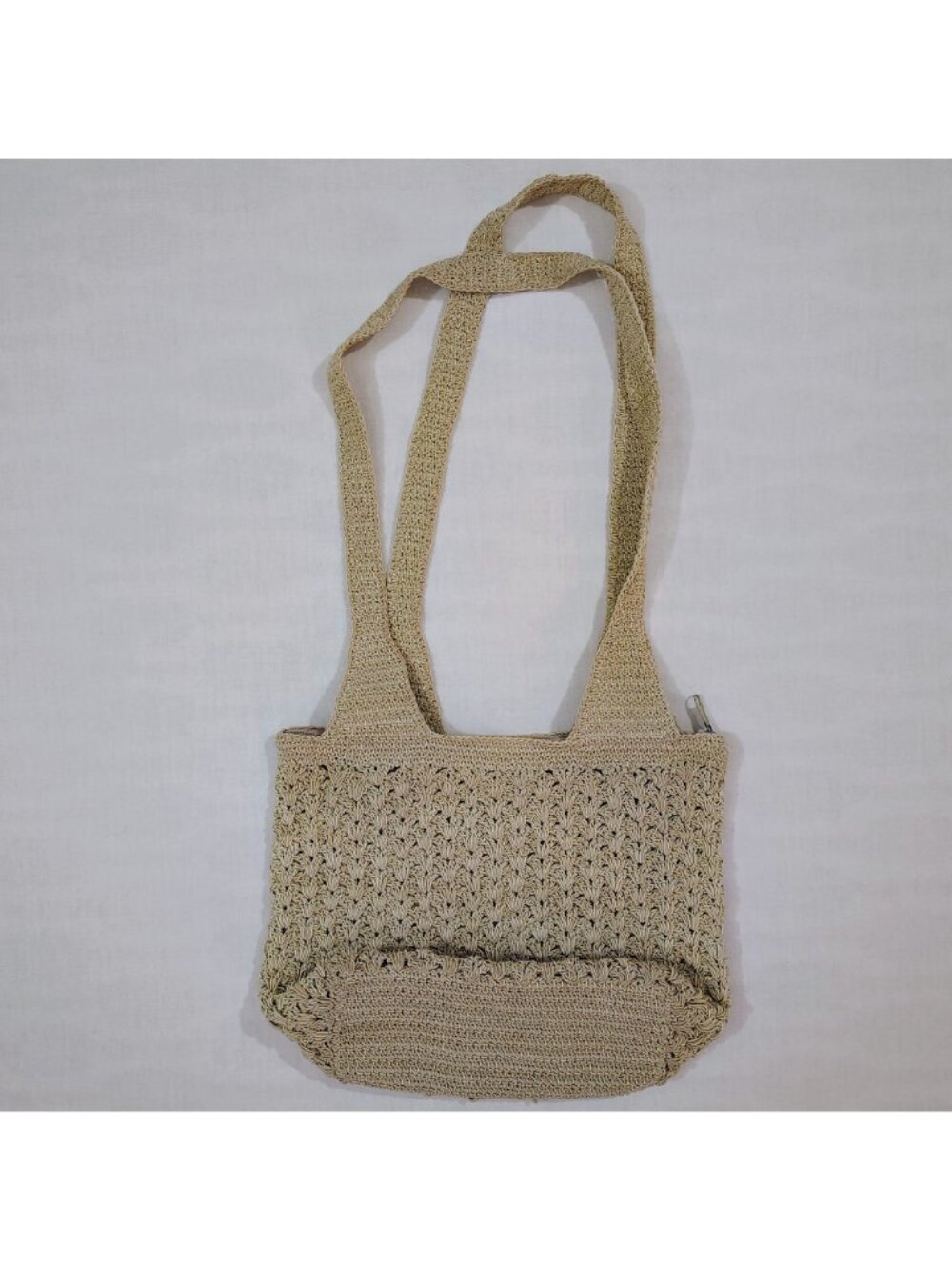 Woven Shoulder Bag Beige Zipper Lightweight Summer Tote Durable Crochet Design - Picture 3 of 16